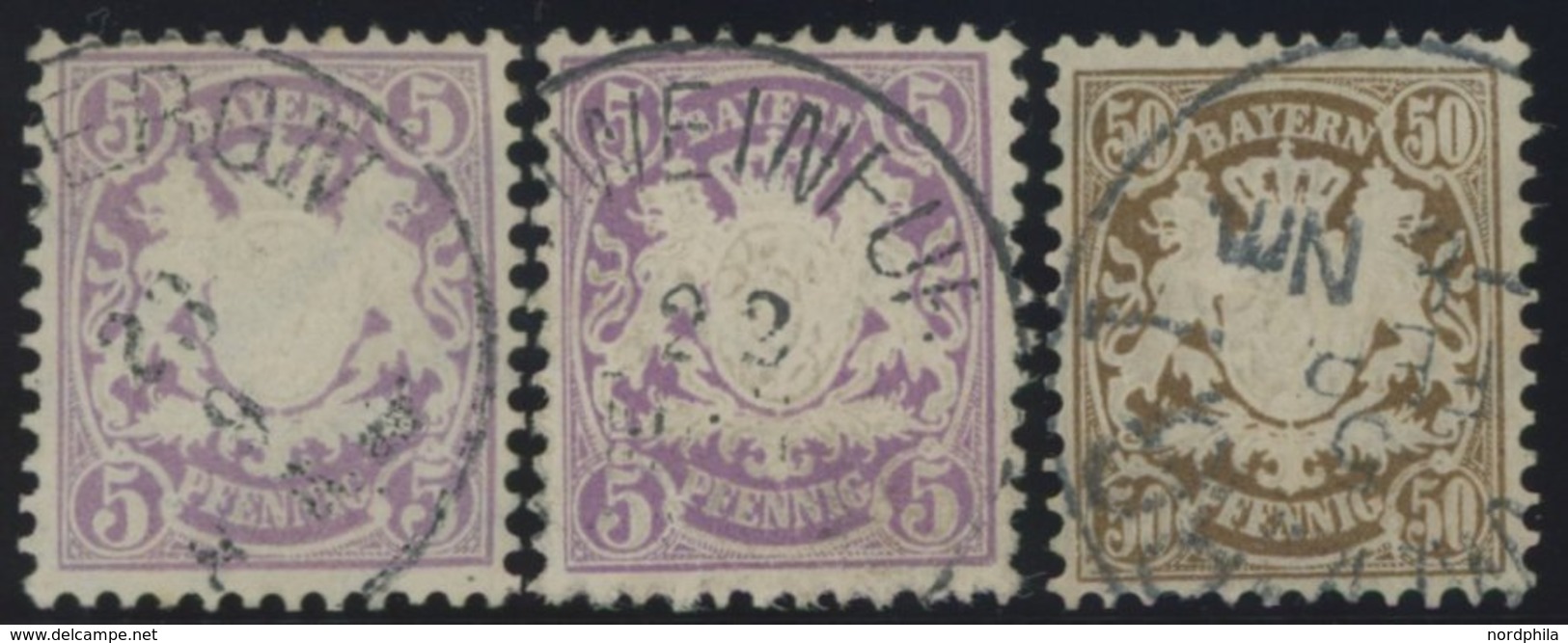 BAYERN 45a,b,46 O, 1878, 5 Pf. Lila Und Violett, 50 Pf. Dunkelorangebraun, Wz. 2, 3 Prachtwerte, Mi. 140.- - Other & Unclassified