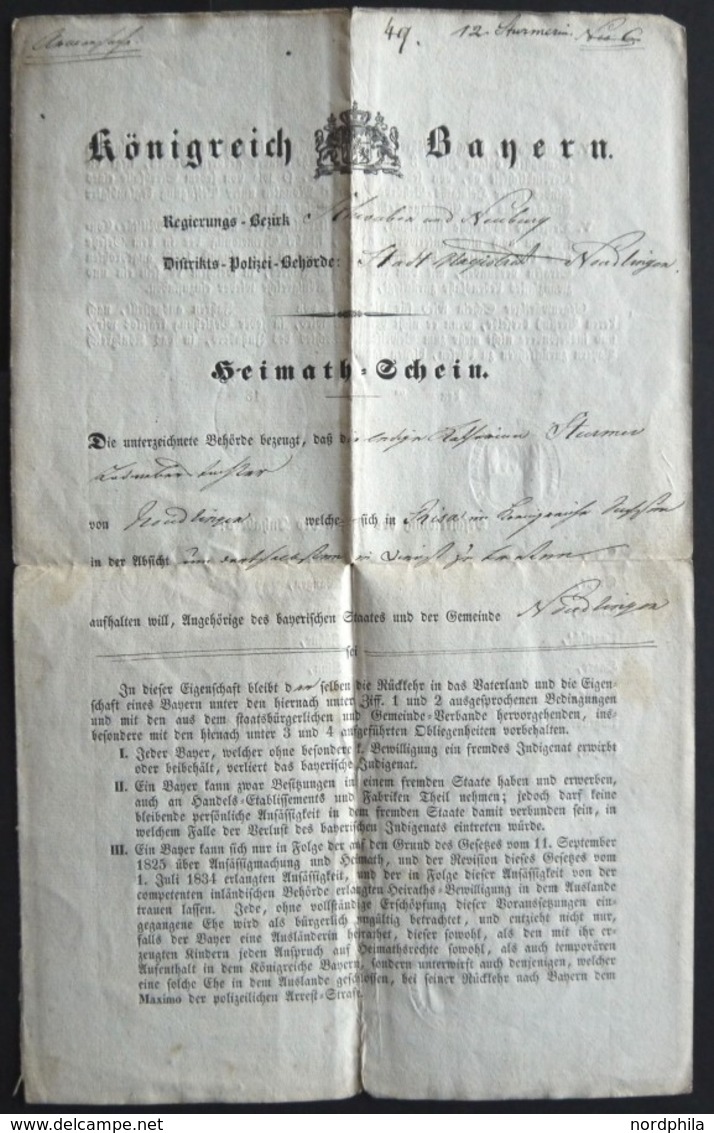 BAYERN 1847, Heimat-Schein Des Regierungsbezirks Nördlingen Für Dienstantritt In RIESA, Mit Blauem Magistratssiegel, Pra - Sonstige & Ohne Zuordnung