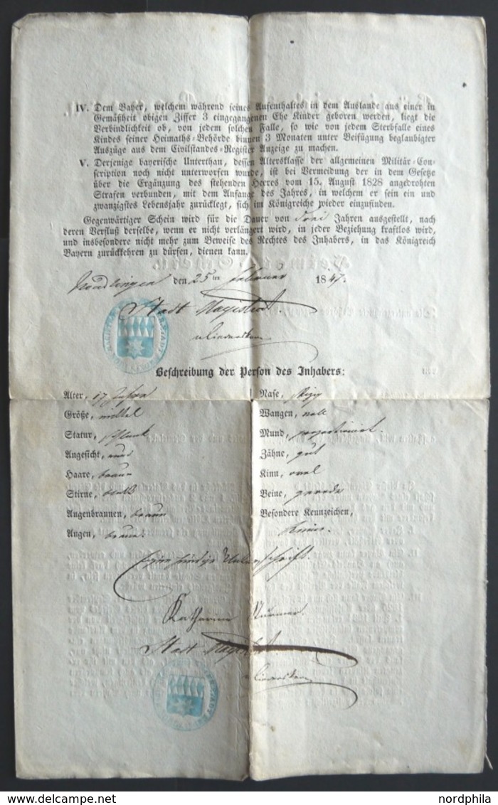 BAYERN 1847, Heimat-Schein Des Regierungsbezirks Nördlingen Für Dienstantritt In RIESA, Mit Blauem Magistratssiegel, Pra - Other & Unclassified