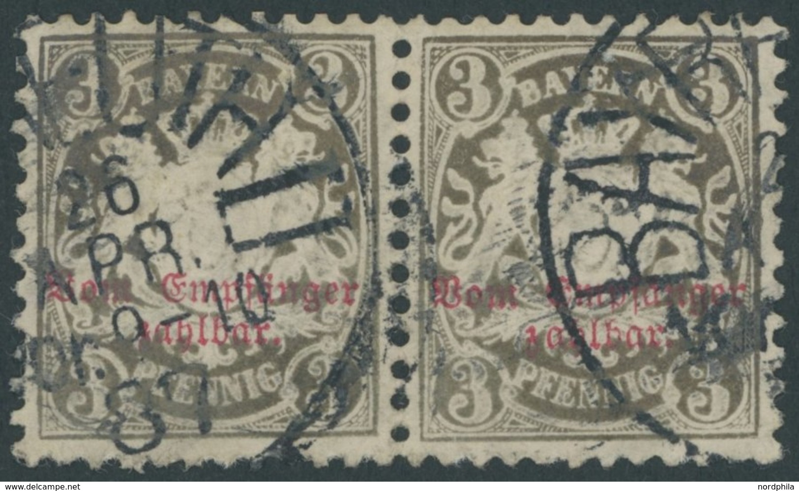 BAYERN P 7 Paar O, 1885, 3 Pf. Türkisgrau, Wz. 3, Im Waagerechten Paar, Pracht, Mi. 280.- - Andere & Zonder Classificatie