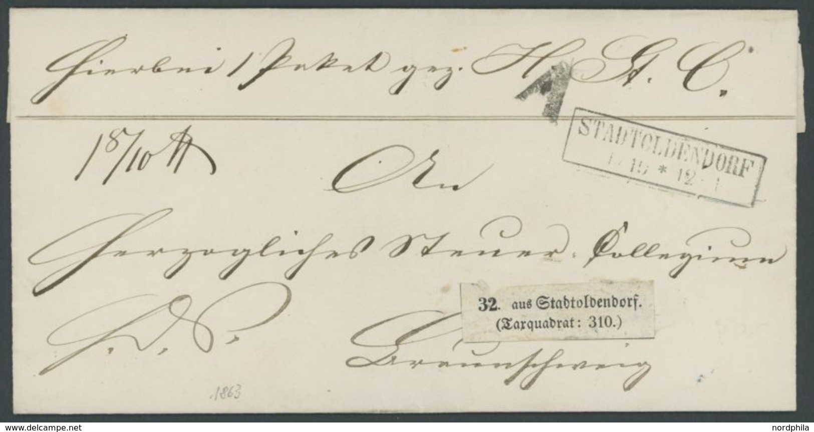 BRAUNSCHWEIG STADTOLDENDORF, R1 Auf Paketbegleitbrief (1863) Nach Braunschweig, Taxquadrat-Zettel, Pracht - Vorphilatelie