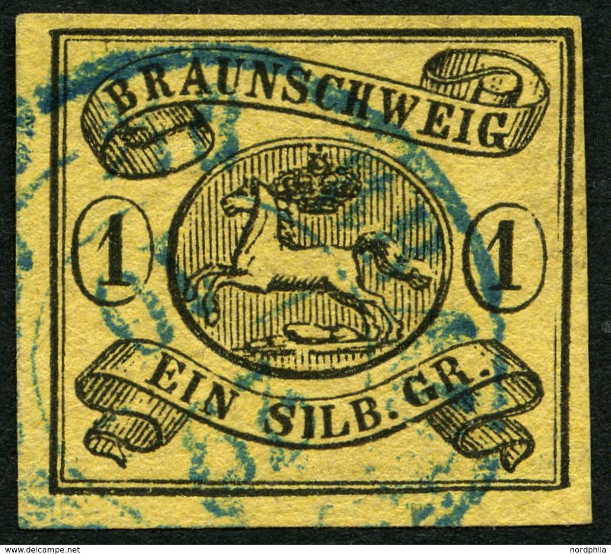 BRAUNSCHWEIG 6aY O, 1853, 1 Sgr. Schwarz Auf Sämisch, Wz. Mundstück Nach Links, Pracht, Mi. 120.- - Braunschweig