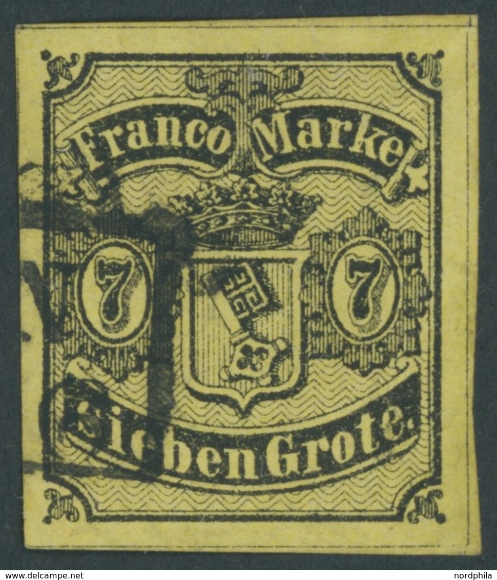 BREMEN 3a O, 1860, 7 Gr. Schwarz Auf Rötlichgelb, Allseits Sehr Breitrandig, Kabinett, Gepr. Bühler Und Attest W. Engel, - Bremen