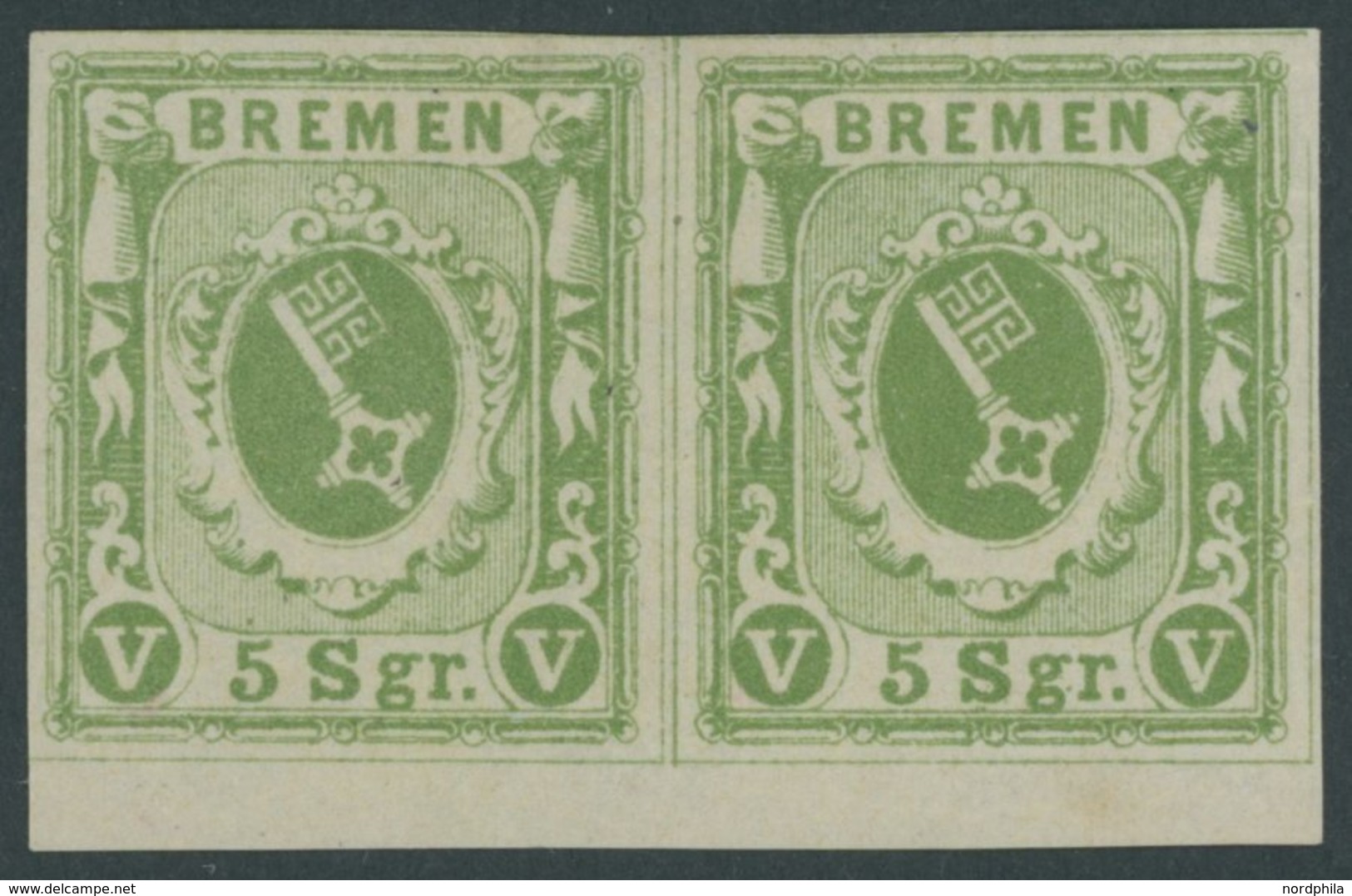 BREMEN 4a Paar *, 1859, 5 Sgr. Gelbgrün Im Waagerechten Paar Mit Unterrand, Linke Marke Ein Brauner Punkt Am Oberrand So - Bremen