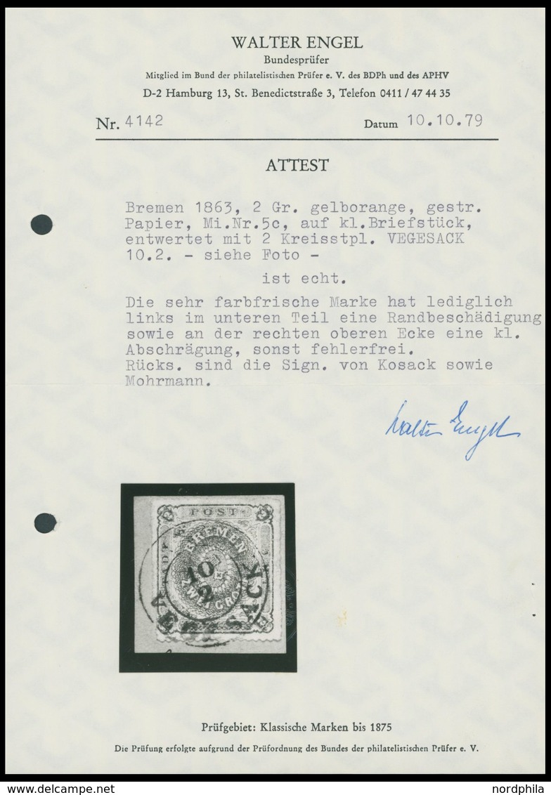 BREMEN 5c BrfStk, 1863, 2 Gr. Dunkelgelblichorange, K2 VEGESACK, Kleiner Durchstichfehler In Der Linken Ecke, Sonst Beso - Brême