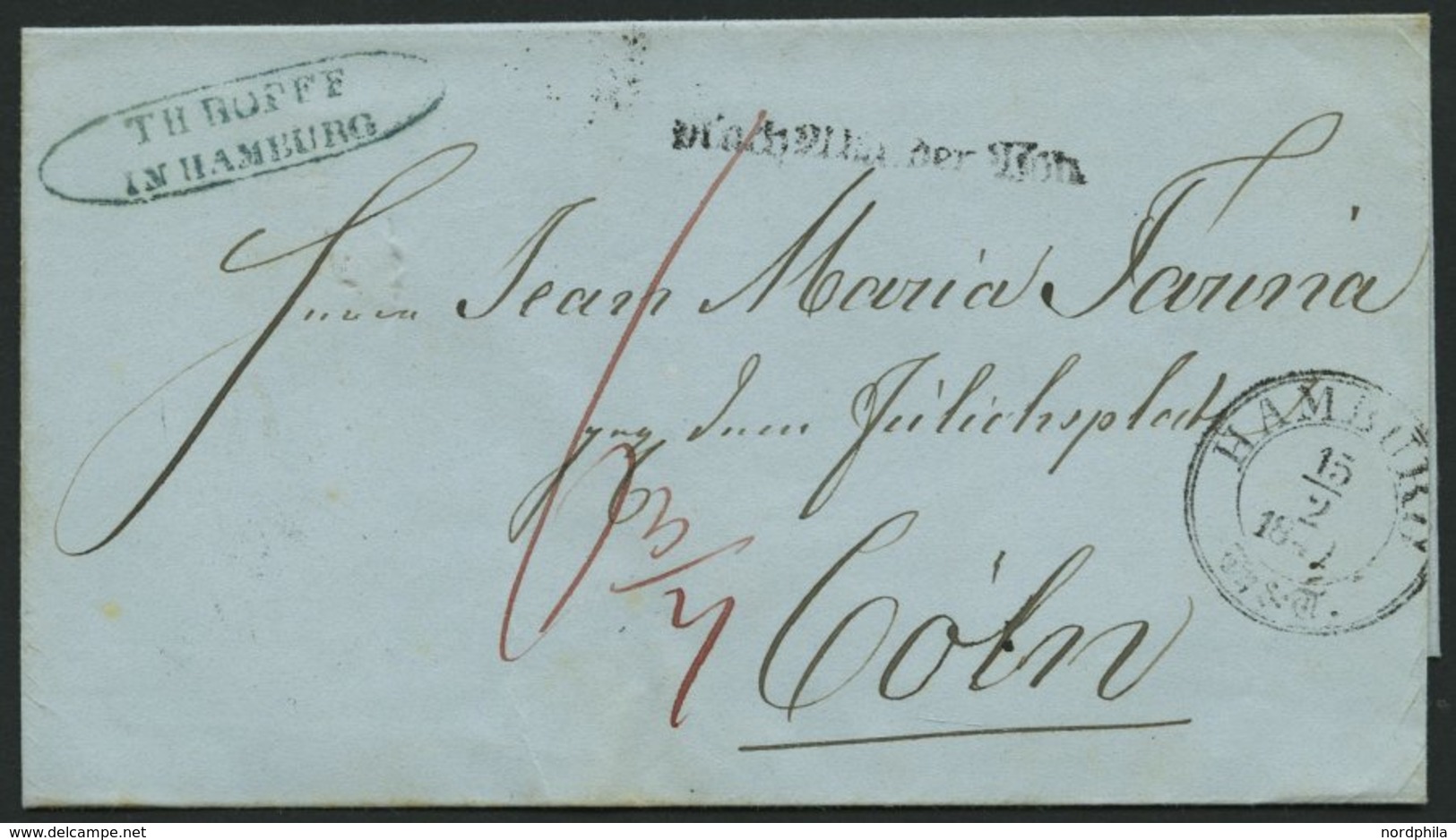HAMBURG - THURN UND TAXISCHES O.P.A. 1842, HAMBURG Th.& T., K3 Auf Brief Nach Köln, L1 Nach Abgang Der Post, Pracht - Sonstige & Ohne Zuordnung