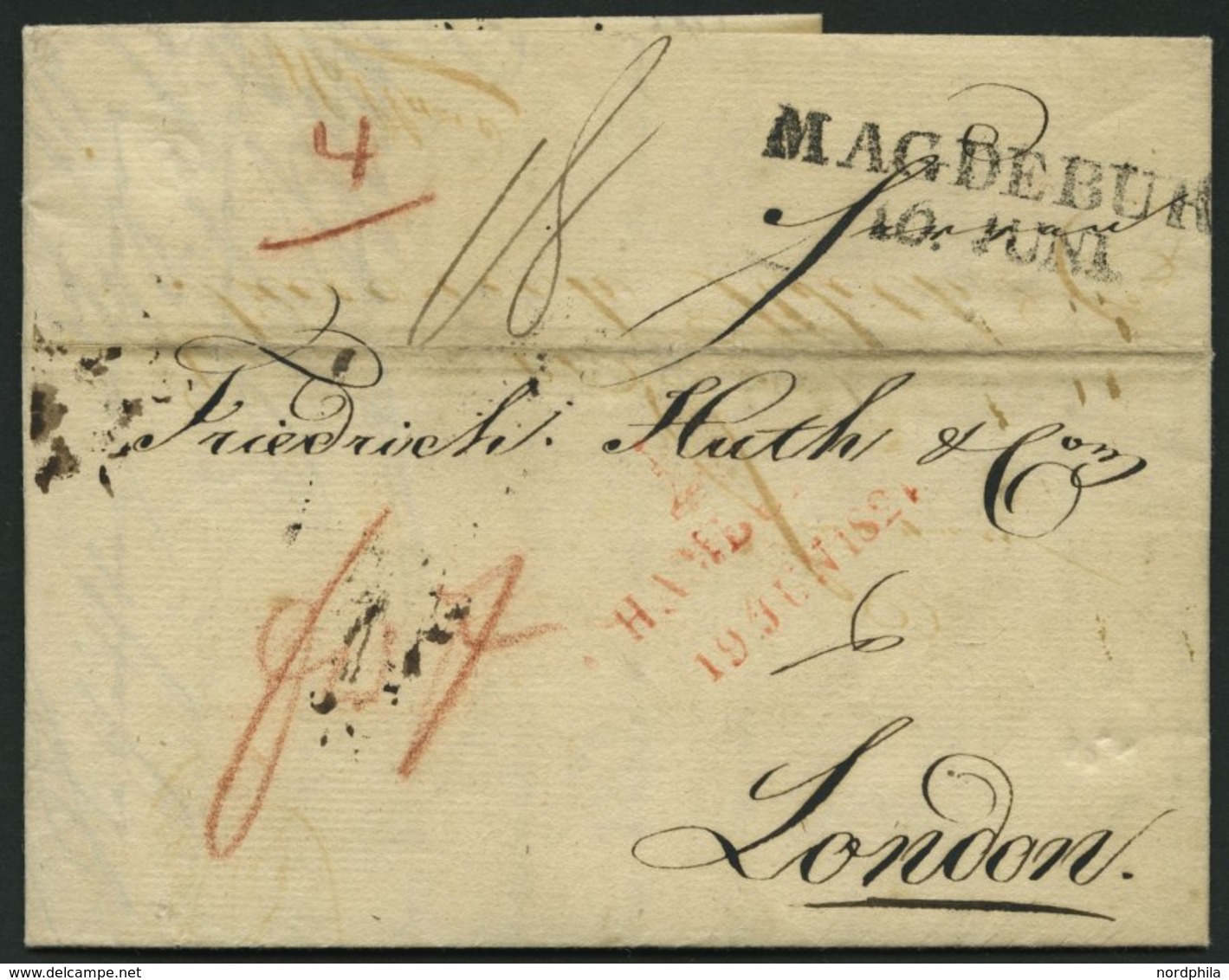 HAMBURG VORPHILA 1821, HAMBURG., Roter L2 Mit Turm Auf Brief Von Magdeburg Nach London, Feinst - Prephilately