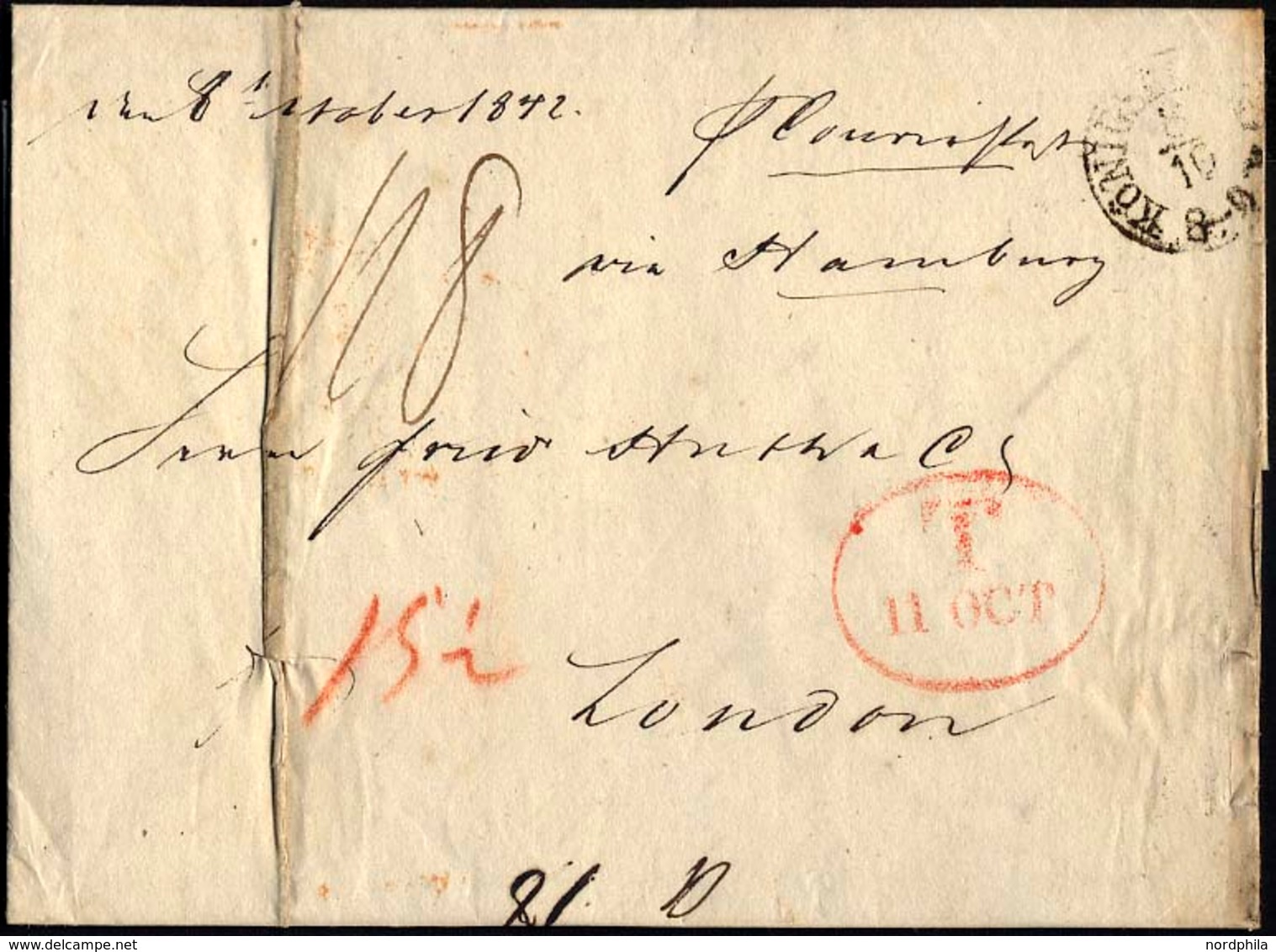 HAMBURG - GRENZÜBERGANGSSTEMPEL 1842, T 11 OCT, In Rot Auf Brief Von Königsberg über Hamburg (K1) Nach London, Registrat - Vorphilatelie