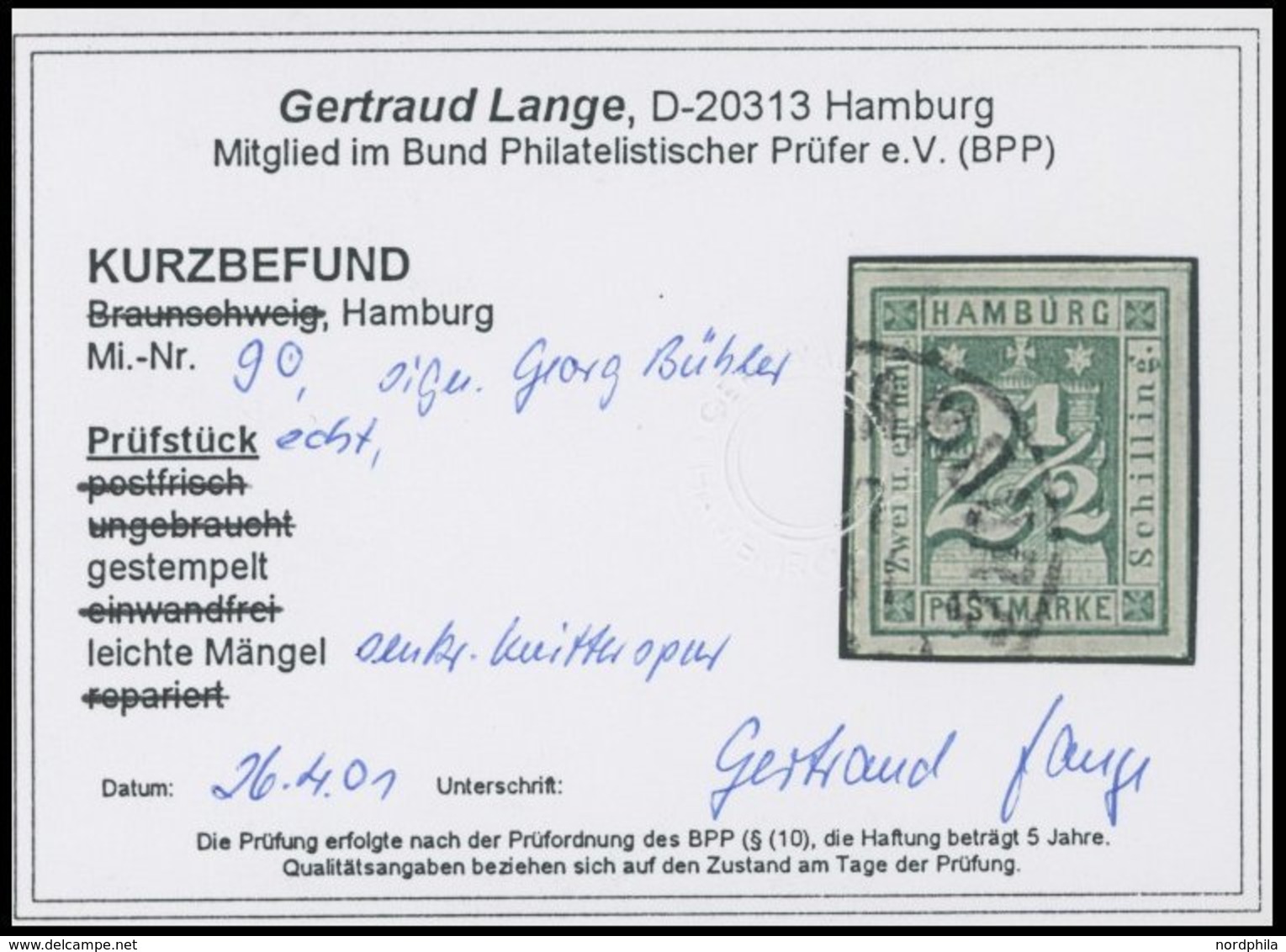 HAMBURG 9 O, 1864, 21/2 S. Blaugrün, Leichte Knitterspur Sonst Breitrandig Pracht, Fotobefund Lange, Mi. 180.- - Hambourg