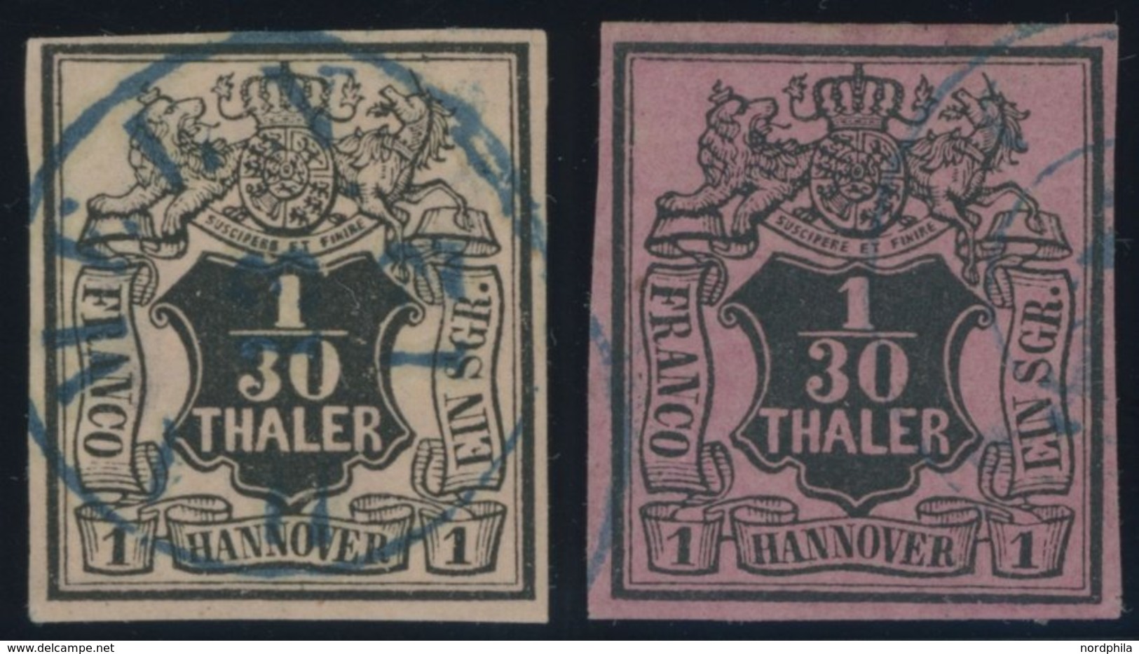 HANNOVER 3a,b O, 1851/5, 1/30 Th. Schwarz Auf Lachsfarben Und Himberrot, 2 Prachtwerte, Mi. 130.- - Hanovre