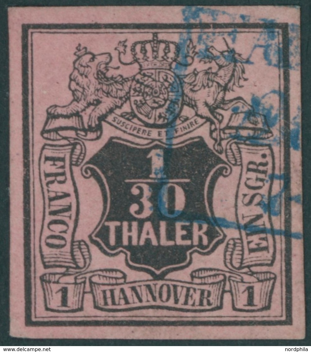 HANNOVER 3bW O, 1855, 1/30 Th. Schwarz Auf Himberrot, Kopfstehendes Wz., Punkthelle Stelle Sonst Pracht, Mi. 300.- - Hanovre