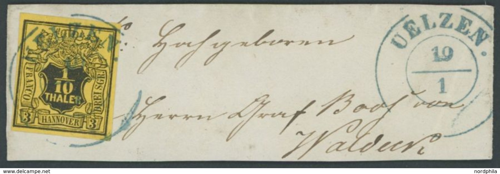 HANNOVER 5 BrfStk, 1851, 1/10 Th. Schwarz Auf Gelb, Blauer K2 UELZEN, Großes Kabinettbriefstück - Hanovre