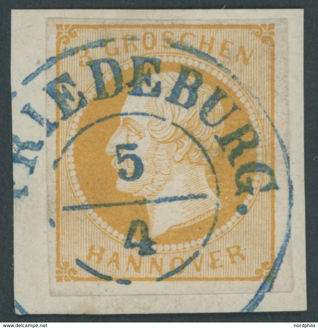 HANNOVER 16a BrfStk, 1859, 3 Gr. Gelborange, Zentrischer Blauer Stempel FRIEDEBURG, Prachtbriefstück - Hanovre
