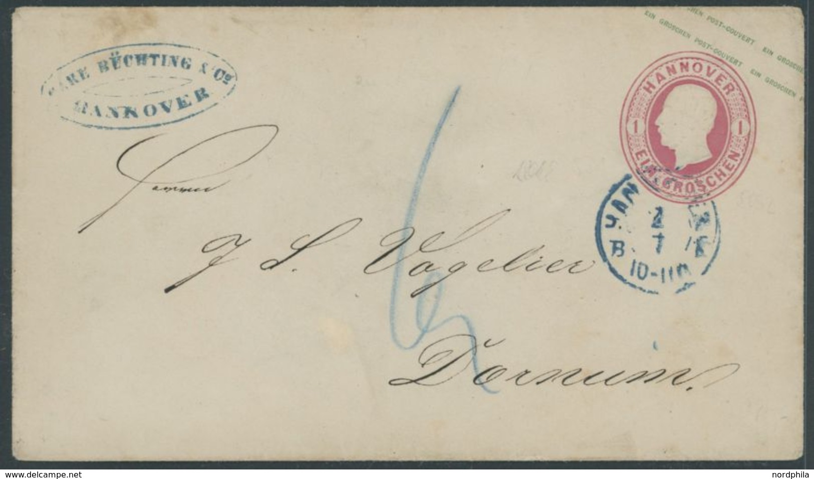 HANNOVER U 8 BRIEF, 1857, 1 Gr. König Georg V Mit Blauem K2 HANNOVER BK Und Handschriftlicher 6 (6 Pf. Botenlohn Nach Do - Hannover