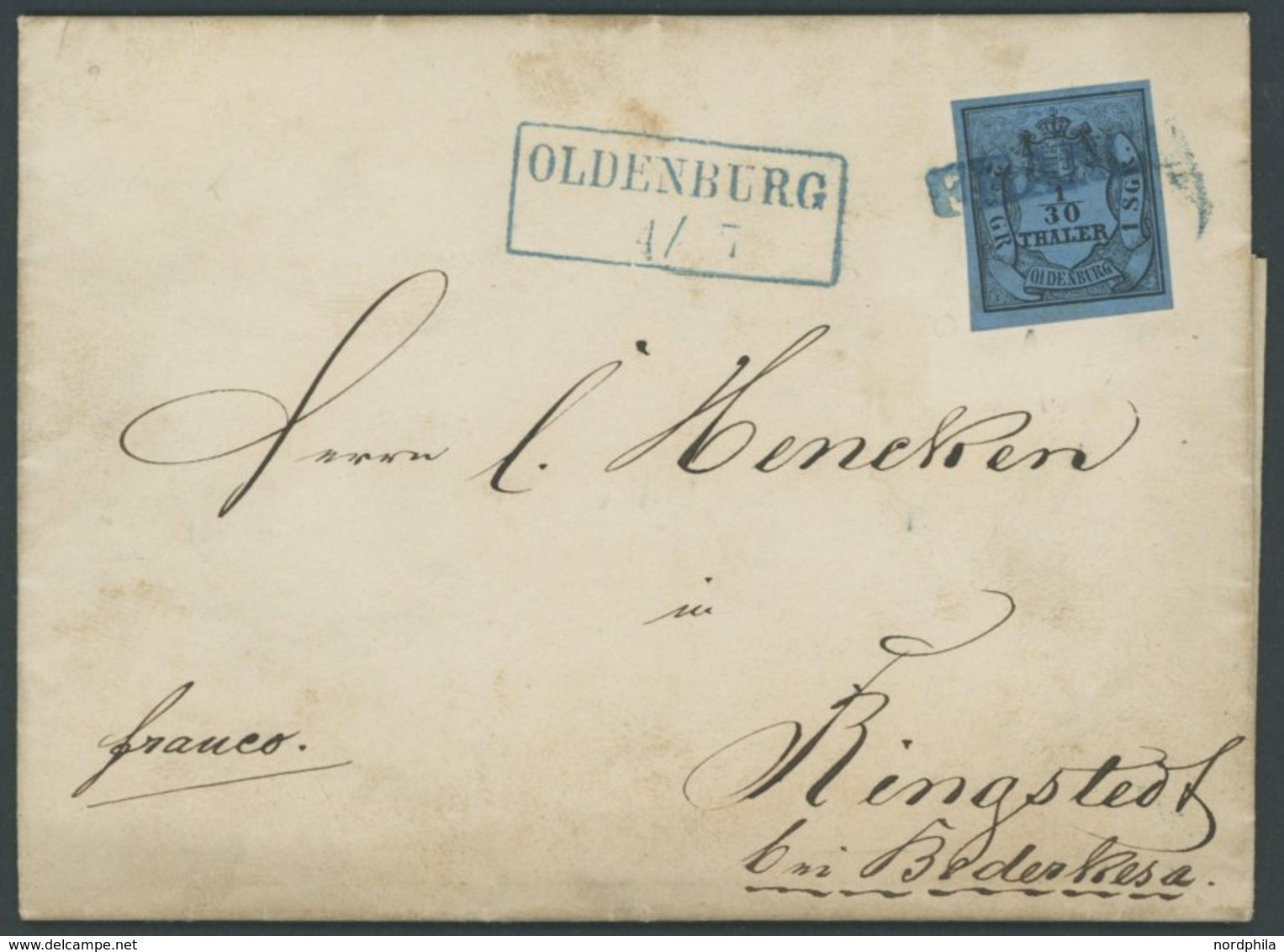 OLDENBURG 2III BRIEF, 1854, 1/30 Th. Schwarz Auf Lebhaftgrauultramarin, Type III, Auf Brief Mit Blauem L1 FRANCO Von OLD - Oldenbourg