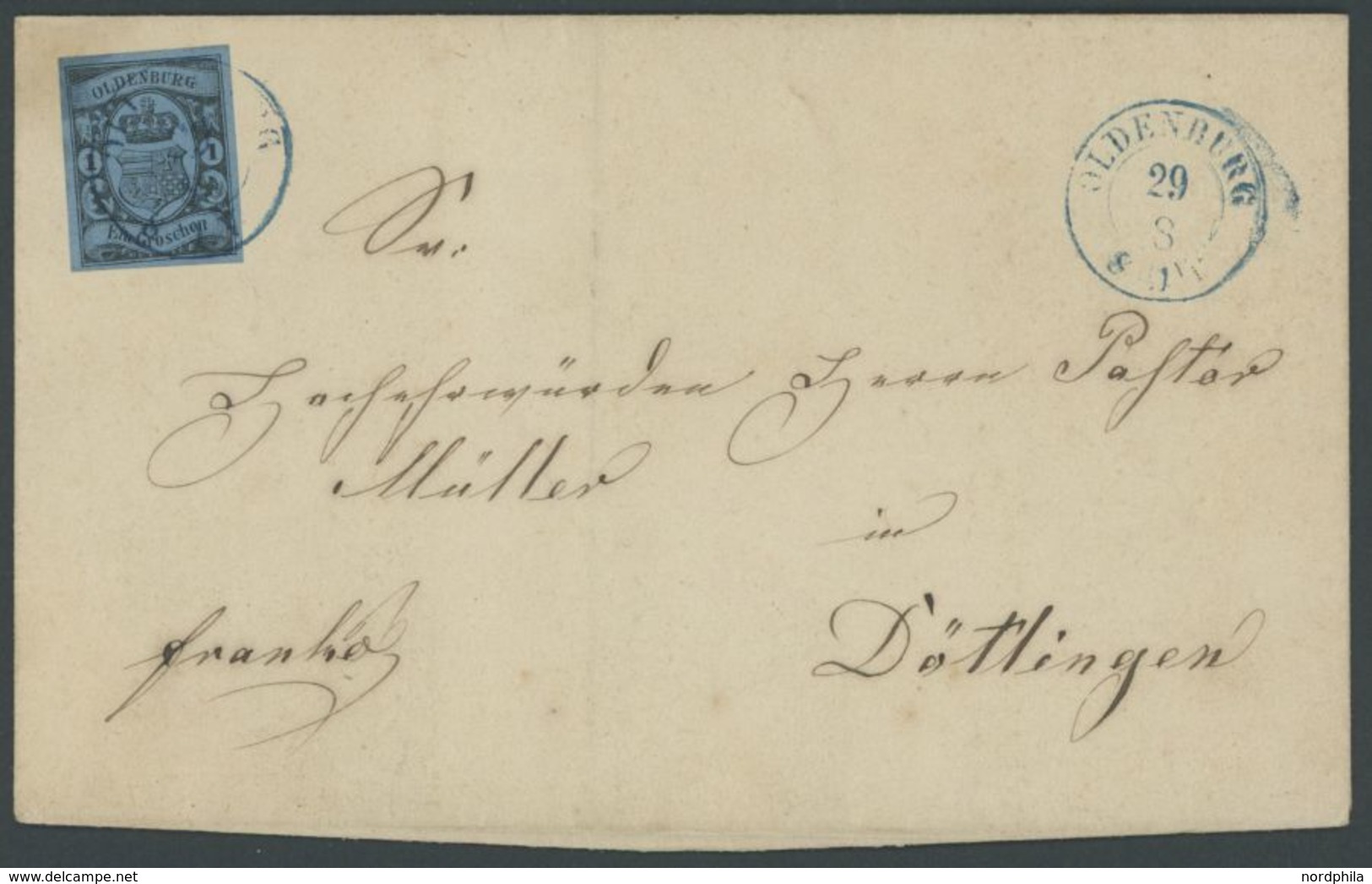 OLDENBURG 6a BRIEF, 1861, 1 Gr. Schwarz Auf Hellblau, Blauer K2 OLDENBURG, Prachtbrief Nach Dötlingen, Gepr. Brettl - Oldenburg