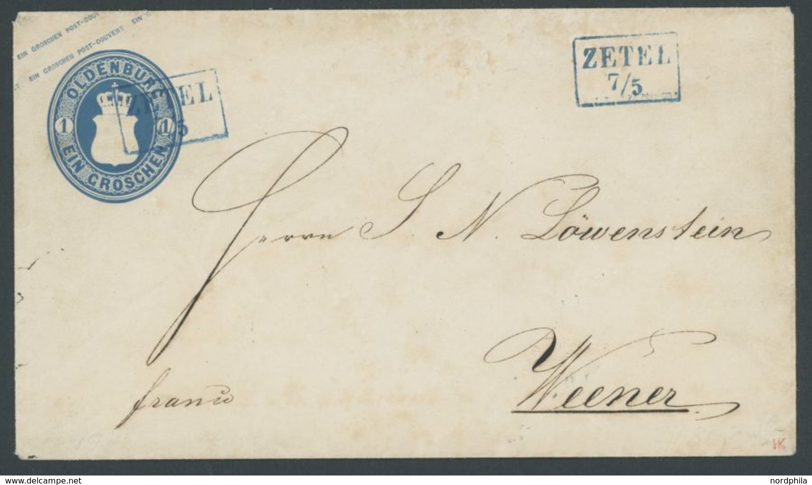 OLDENBURG U 2A BRIEF, 1861, 1 Gr. Blau Ganzsachenumschlag, Format A, Mit Blauem R2 ZETEL Nach Weener, Signiert H.K. - Oldenburg