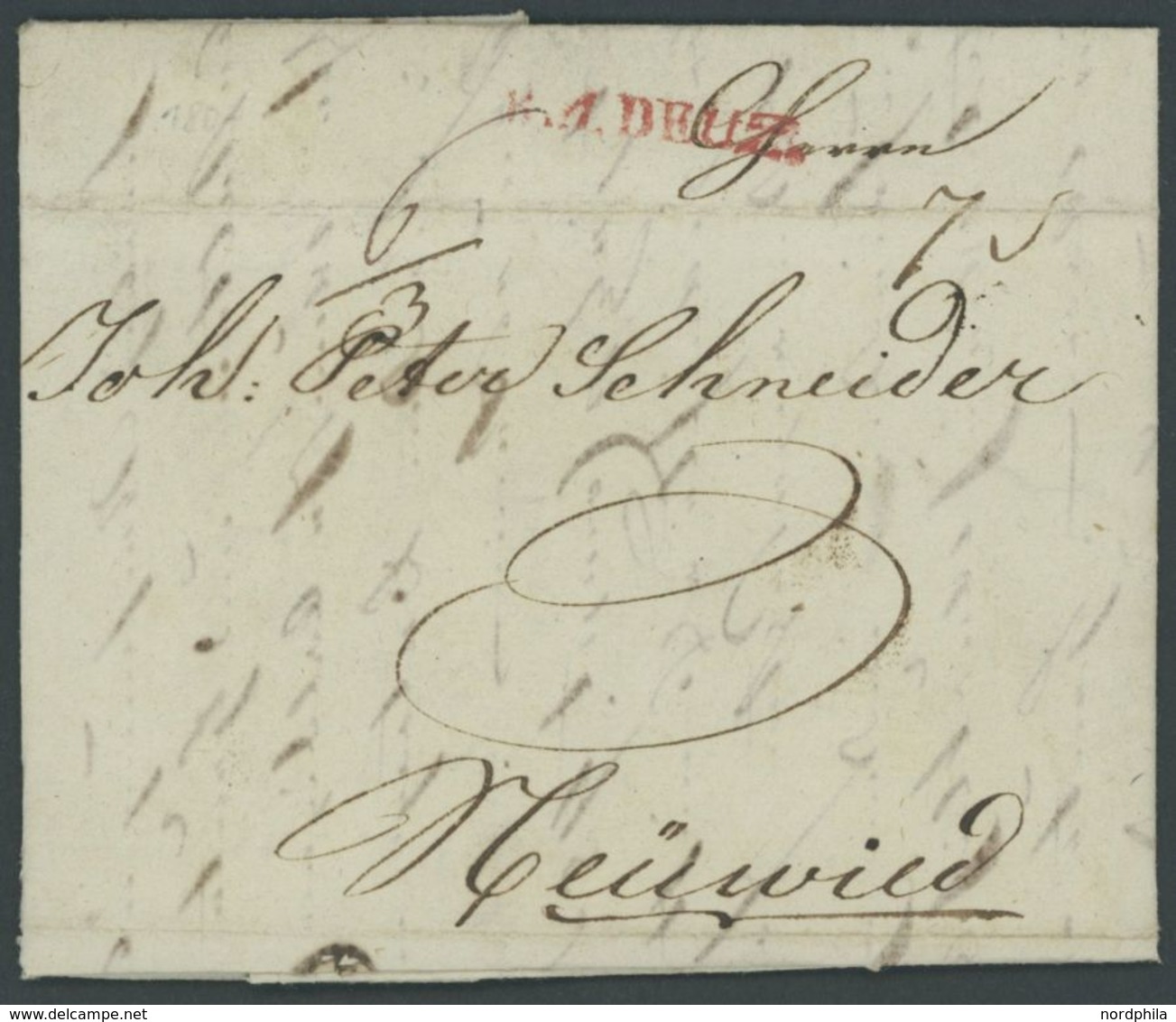 PREUSSEN R.1. DEUZ, Roter L1 Auf Brief (1807) Mit Inhalt Nach Neuwied, Pracht - Precursores