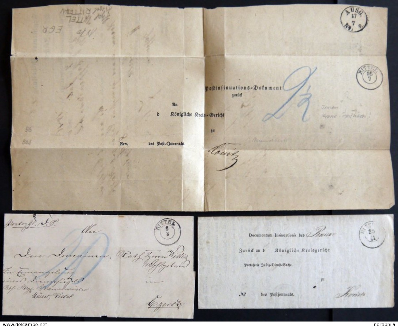 PREUSSEN RITTEL, K2, 3 Verschiedene Briefe (1853-77), Dabei 2 Verschiedene Krone-Posthornstempel, Pracht - Sonstige & Ohne Zuordnung