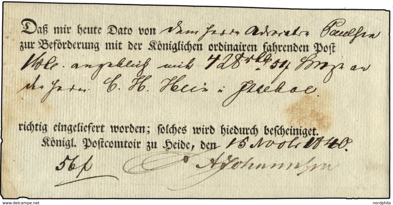 SCHLESWIG-HOLSTEIN HEIDE, Ortsdruck Auf Einlieferungsschein (1840), Leichte Altersspuren Sonst Pracht - Precursores