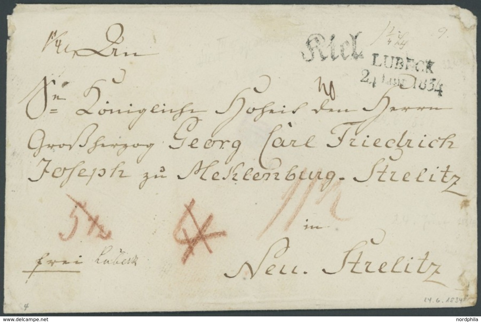SCHLESWIG-HOLSTEIN 1834, KIEL, L1 (mit Punkt, K Breit) Und Durchgangsstempel LUBECK Auf Gesiegeltem Brief Mit Diversen T - Vorphilatelie