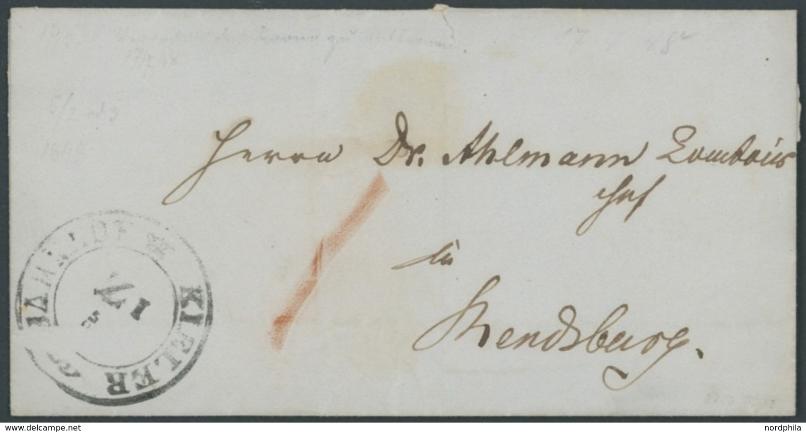 SCHLESWIG-HOLSTEIN 1848, BAHNHOF KIELER Z I, K2 Mit Krone, Kleiner Prachtbrief Nach Rendsburg - Prephilately