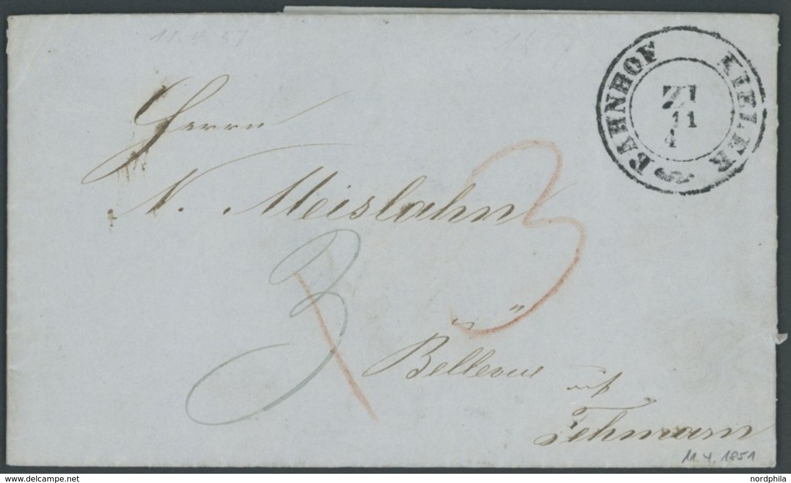 SCHLESWIG-HOLSTEIN 1851, BAHNHOF KIELER Z I, K2 Mit Roten Und Blauen Taxvermerken Nach Fehmarn, Prachtbrief Mit Inhalt - Préphilatélie