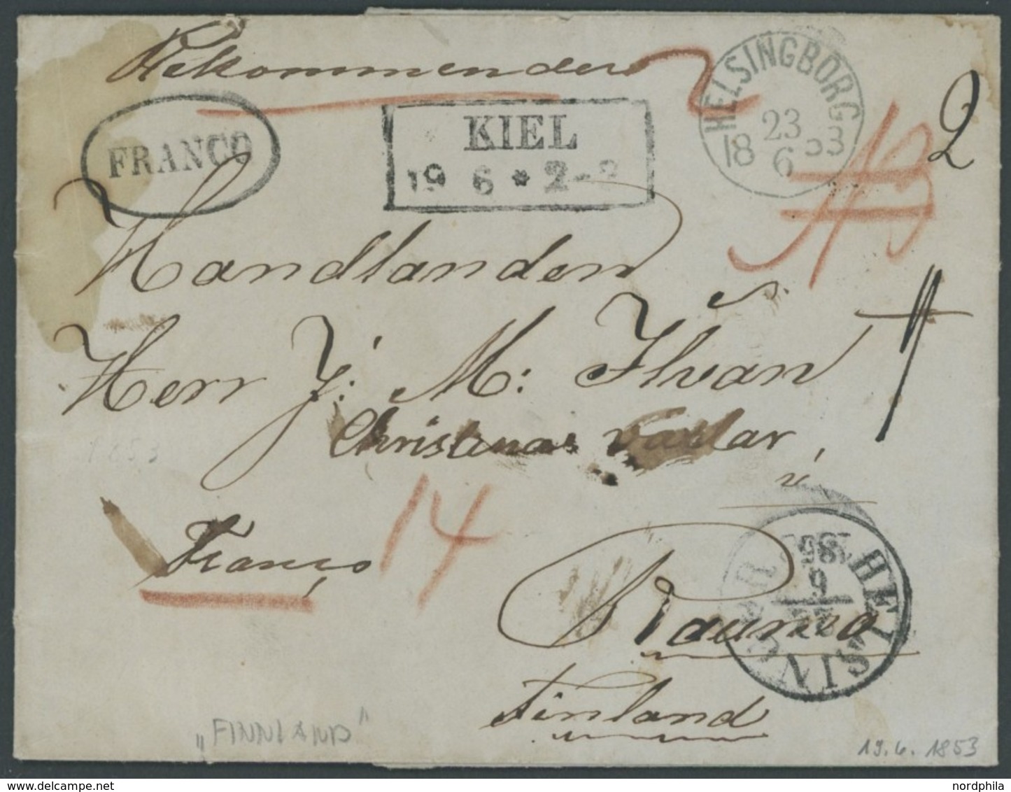 SCHLESWIG-HOLSTEIN 1853, KIEL, R2 Auf Reco-Brief Mit Inhalt Aus Holtenau über Schweden Nach Finnland, Ovaler Stempel FRA - Vorphilatelie