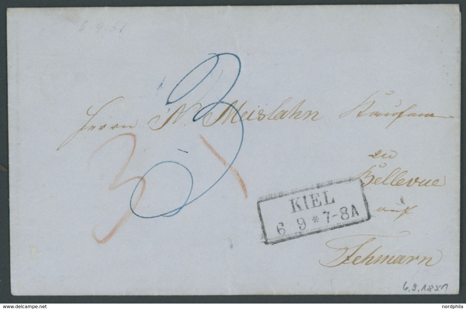 SCHLESWIG-HOLSTEIN 1851, KIEL, R2 Auf Briefhülle Nach Fehmarn, Taxvermerke In Rot Und Blau, Kabinett - Vorphilatelie