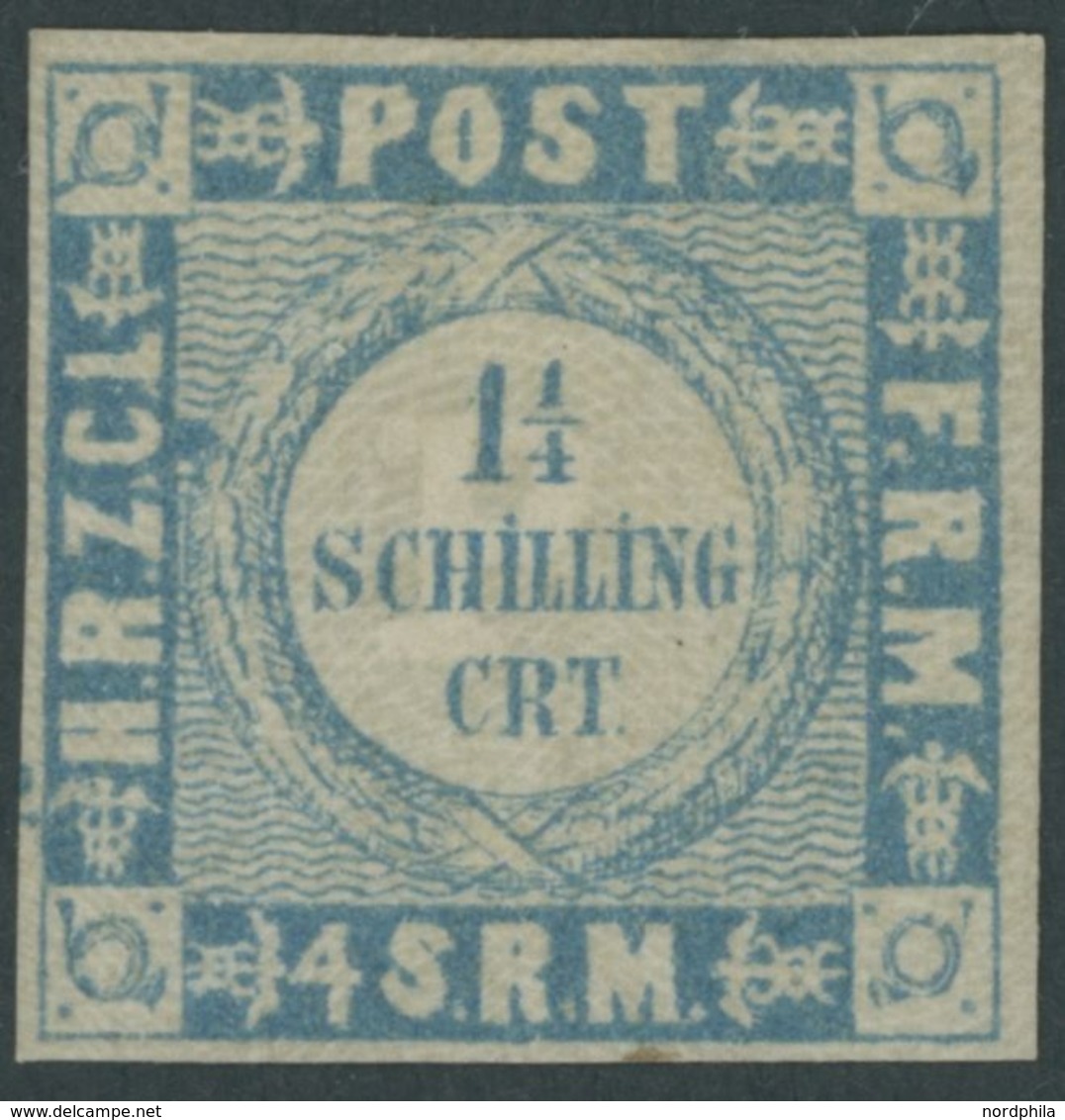 SCHLESWIG-HOLSTEIN 5II *, 1864, 11/4 S. Grauultramarin Weit Gewellter Grund, Falzreste, Feinst, Mi. 1000.- - Schleswig-Holstein