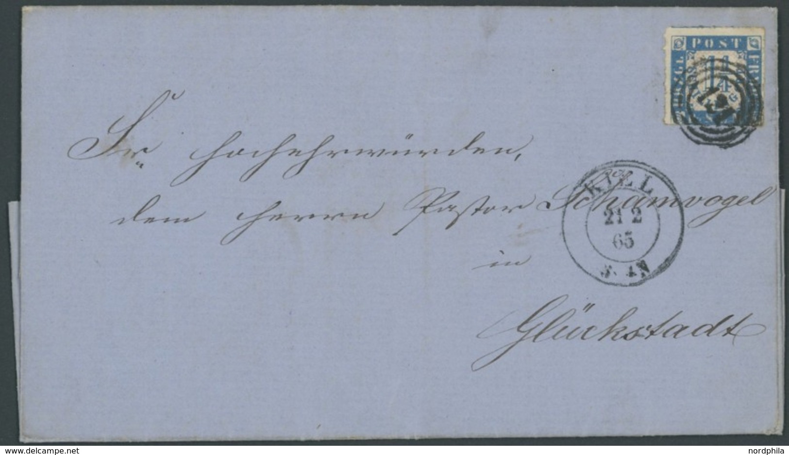 SCHLESWIG-HOLSTEIN 7 BRIEF, 1865, 11/4 S. Mittelblau/weißrosa Mit Nummernstempel 121 (KIEL) Auf Brief Mit Inhalt Nach Gl - Schleswig-Holstein