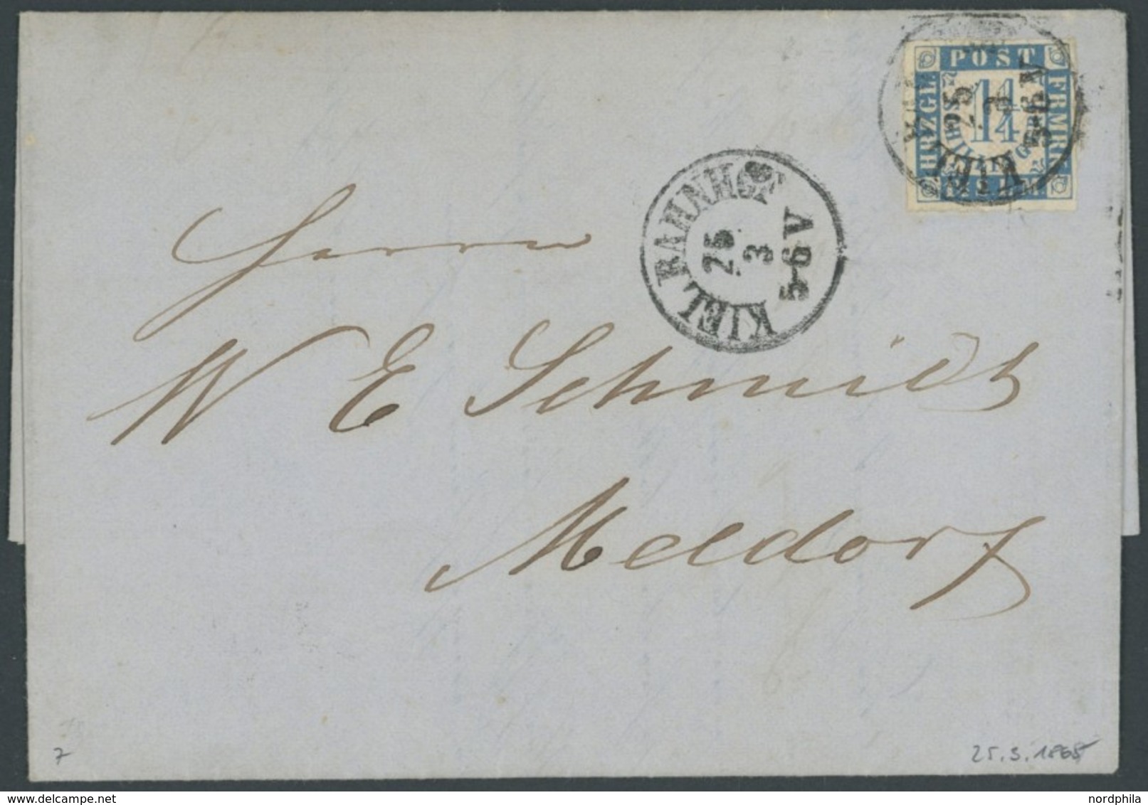 SCHLESWIG-HOLSTEIN 7 BRIEF, 1865, 11/4 S. Mittelblau/weißrosa Mit K1 KIEL BAHNHOF, Rückseitiger Bahnpoststempel, Prachtb - Schleswig-Holstein