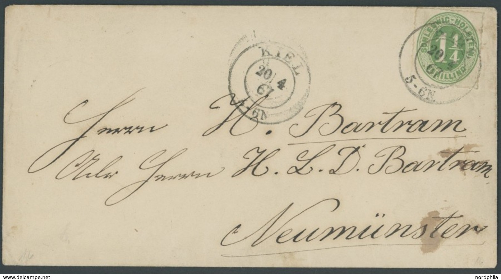 SCHLESWIG-HOLSTEIN 9 BRIEF, 1867, 11/4 S. Olivgrün Auf Brief Von KIEL Nach Neumünster, Feinst - Schleswig-Holstein