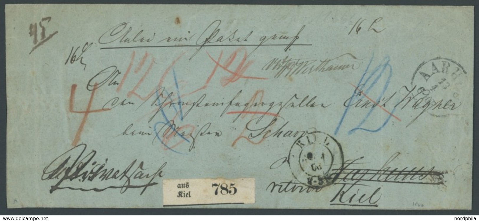 SCHLESWIG-HOLSTEIN Brief , 1866, Paketbegleitbrief Von KIEL Nach Aarhus Und Zurück, Zahlreiche Taxvermerke Rückseitiges  - Schleswig-Holstein