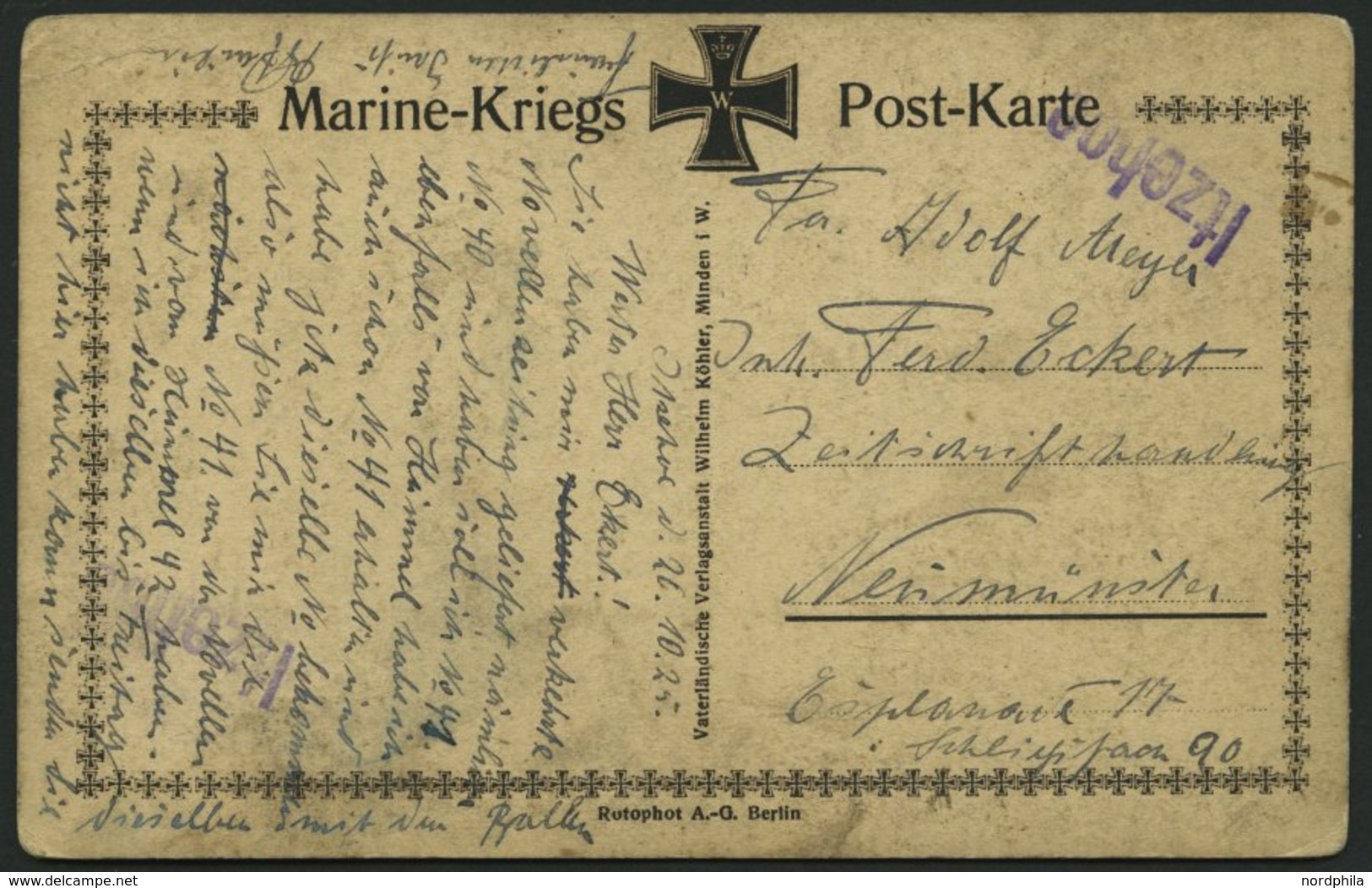 SCHLESWIG-HOLSTEIN ITZEHOE, 26.10.25, Violetter L1 Auf Marine-Kriegs-Postkarte, Feinst, R! - Schleswig-Holstein