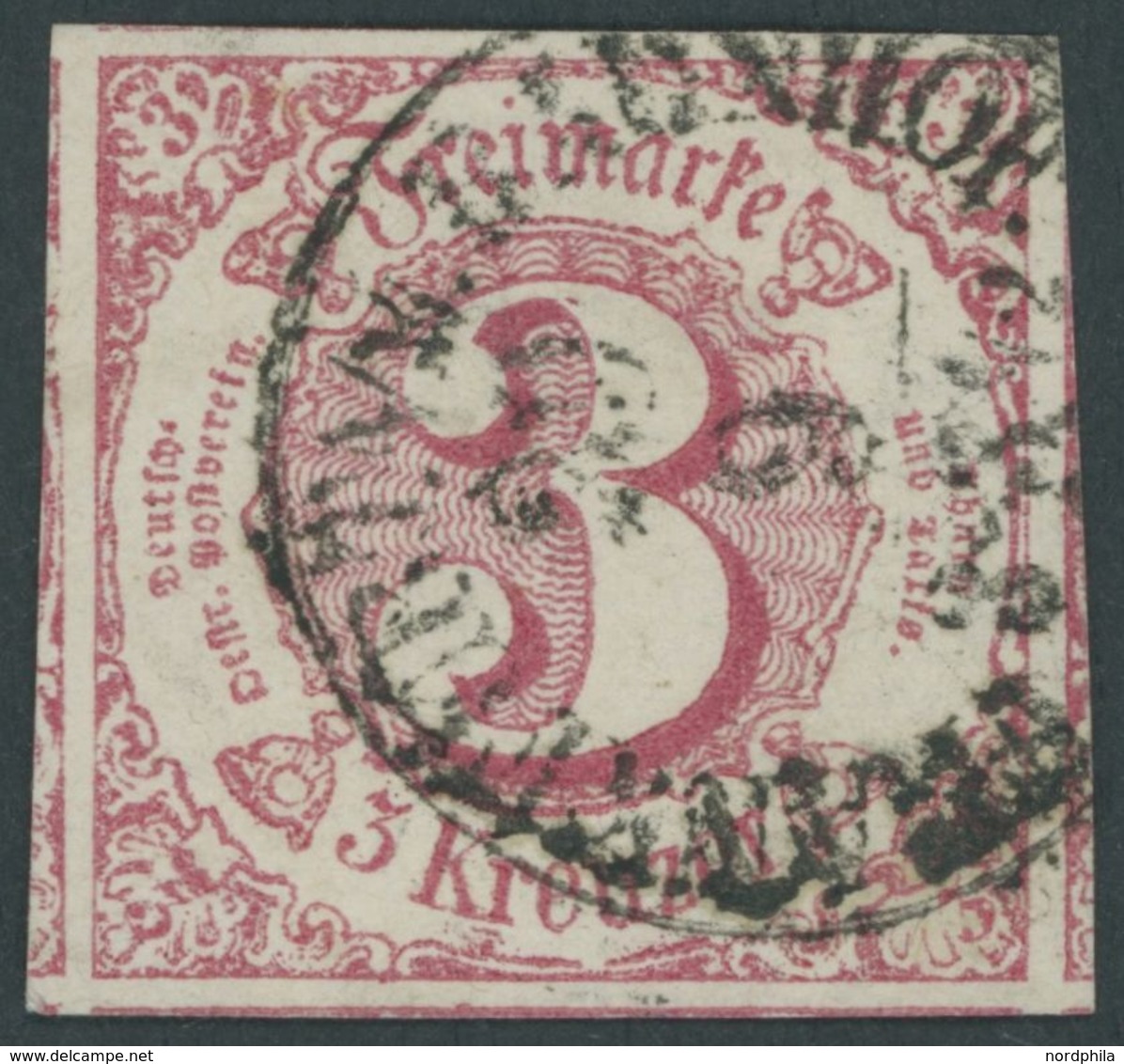 THURN Und TAXIS 32 O, 1862, 3 Kr. Karminrot, K1 FRANKFURT A/M. BAHNHOF, Allseits Riesenrandig Mit Teilen Von 6 Nebenmark - Other & Unclassified