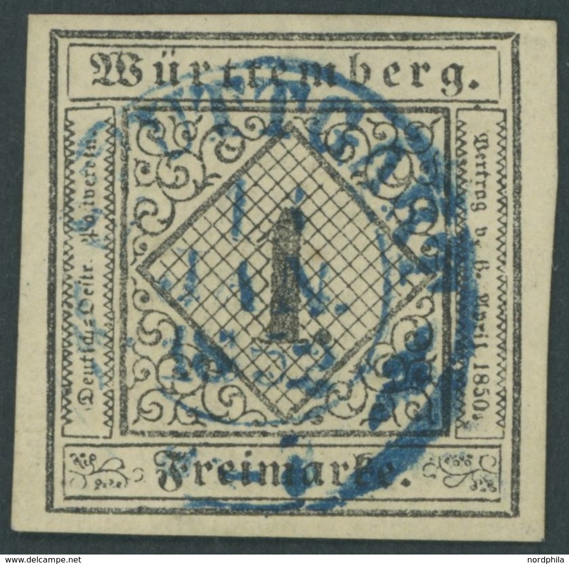 WÜRTTEMBERG 1b O, 1851, 1 Kr. Schwarz Auf Sämisch, Zentrischer Blauer K2 STUTTGART, Allseits Breitrandig, Pracht - Other & Unclassified
