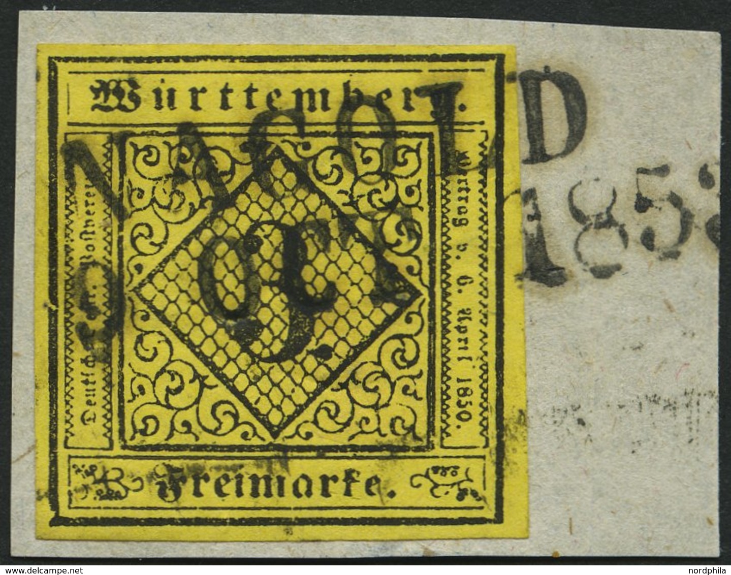 WÜRTTEMBERG 2d BrfStk, 1851, 3 Kr. Schwarz Auf Dunkelgelb, Type II, L2 NAGOLD, Kabinettbriefstück, Gepr. Heinrich - Otros & Sin Clasificación