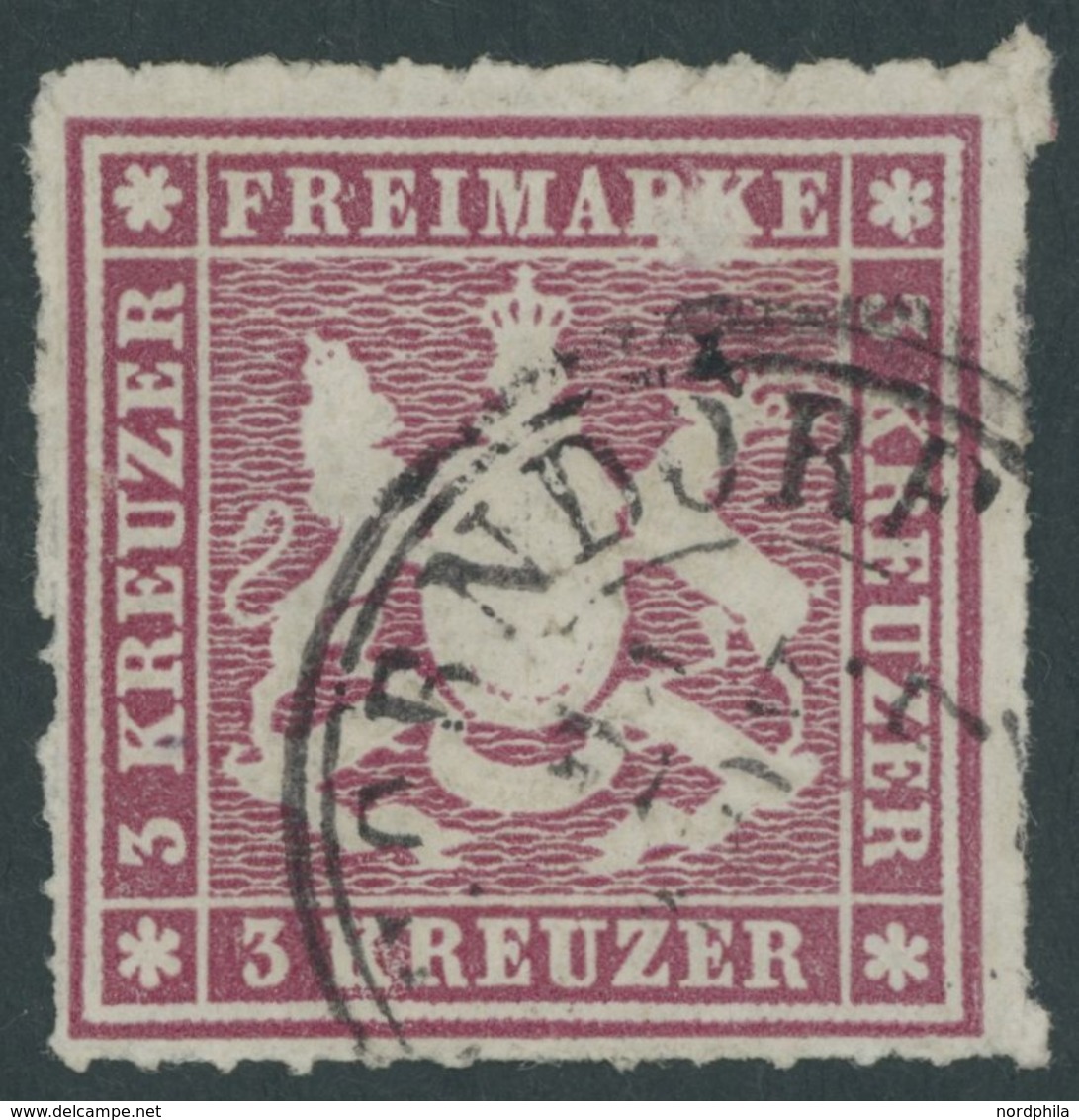 WÜRTTEMBERG 31c O, 1865, 3 Kr. Lilarot, Leichte Durchstichfehler Und Oben Schürfstelle Sonst Prachtstück Dieser Sehr Sel - Sonstige & Ohne Zuordnung