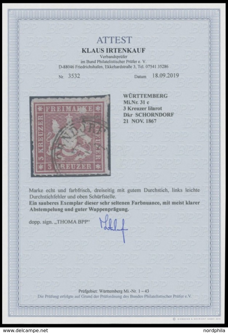 WÜRTTEMBERG 31c O, 1865, 3 Kr. Lilarot, Leichte Durchstichfehler Und Oben Schürfstelle Sonst Prachtstück Dieser Sehr Sel - Sonstige & Ohne Zuordnung