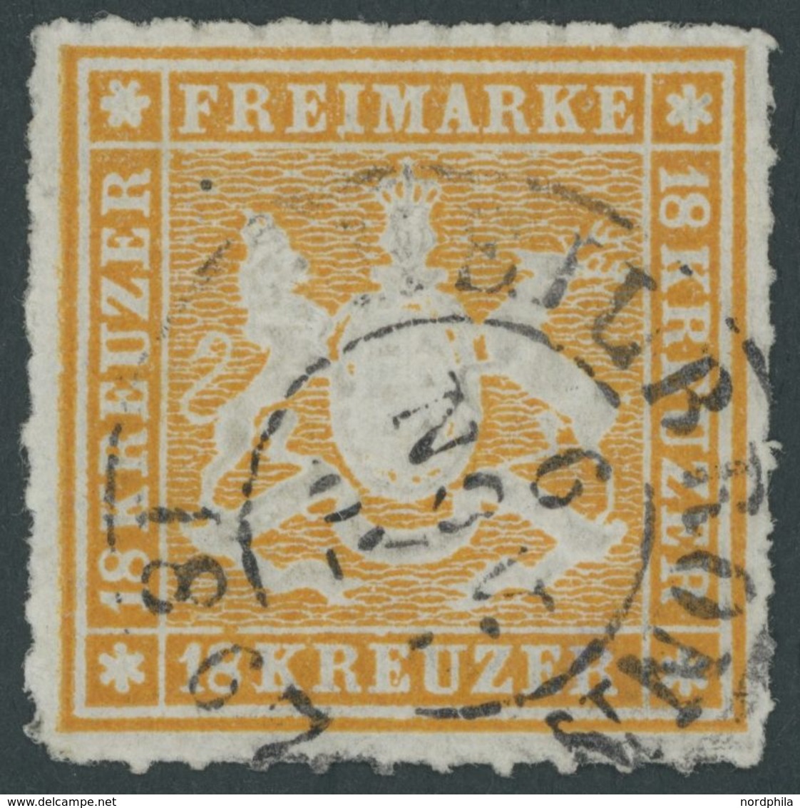 WÜRTTEMBERG 34 O, 1867, 18 Kr. Orangegelb, K2 HEILBRONN, Farbfrisches Prachtstück, Fotoattest Thoma, Mi. 1000.- - Other & Unclassified