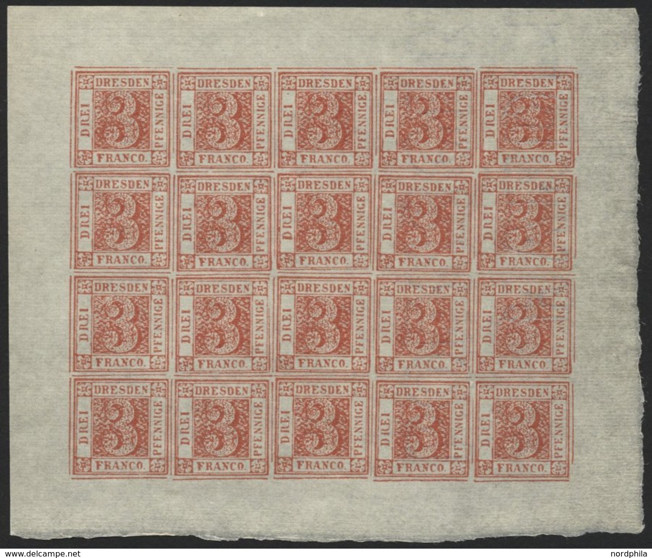 DRESDEN C 114b KB (*), HANSA: 1900, 3 Pf. Mattrot 50 Jahre Sächsische Briefmarke Im Bogen (20), Feld 3 Mit Abart Punkt N - Correos Privados & Locales