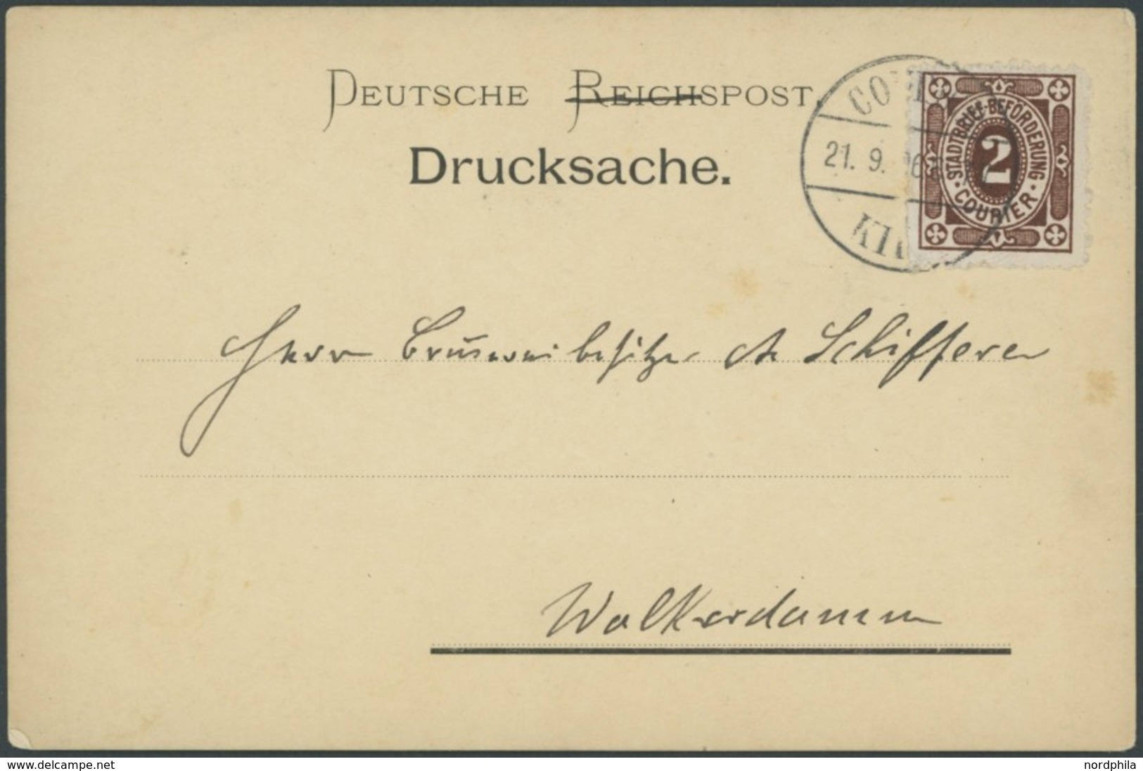 KIEL A 2 BRIEF, COURIER: 1895, 2 Pf. Große Eckkreuze Auf Drucksachenkarte (Erinnerung An Die Schiffer Kneipe), Pracht, R - Private & Lokale Post