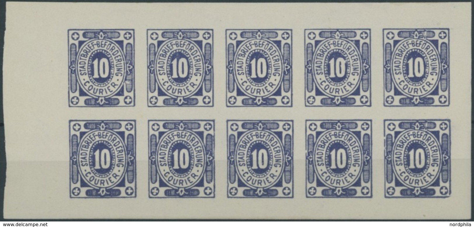 KIEL A 7Na **, COURIER: 1897, 10 Pf. Kleine Eckkreuze, Ungezähnter Nachdruck Im Postfrischen Kleinbogen (10), Pracht - Private & Lokale Post