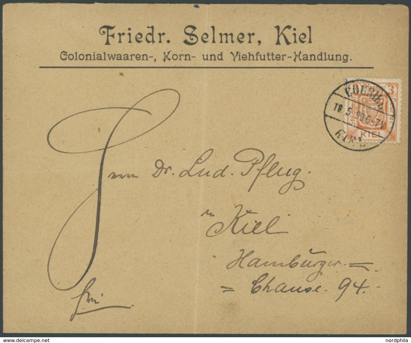 KIEL A 10 BRIEF, COURIER: 1898, 3 Pf. Stadtwappen, Eng Schraffierter Grund, Auf Brief Der Viehfutterhandlung Selmer, Fei - Postes Privées & Locales