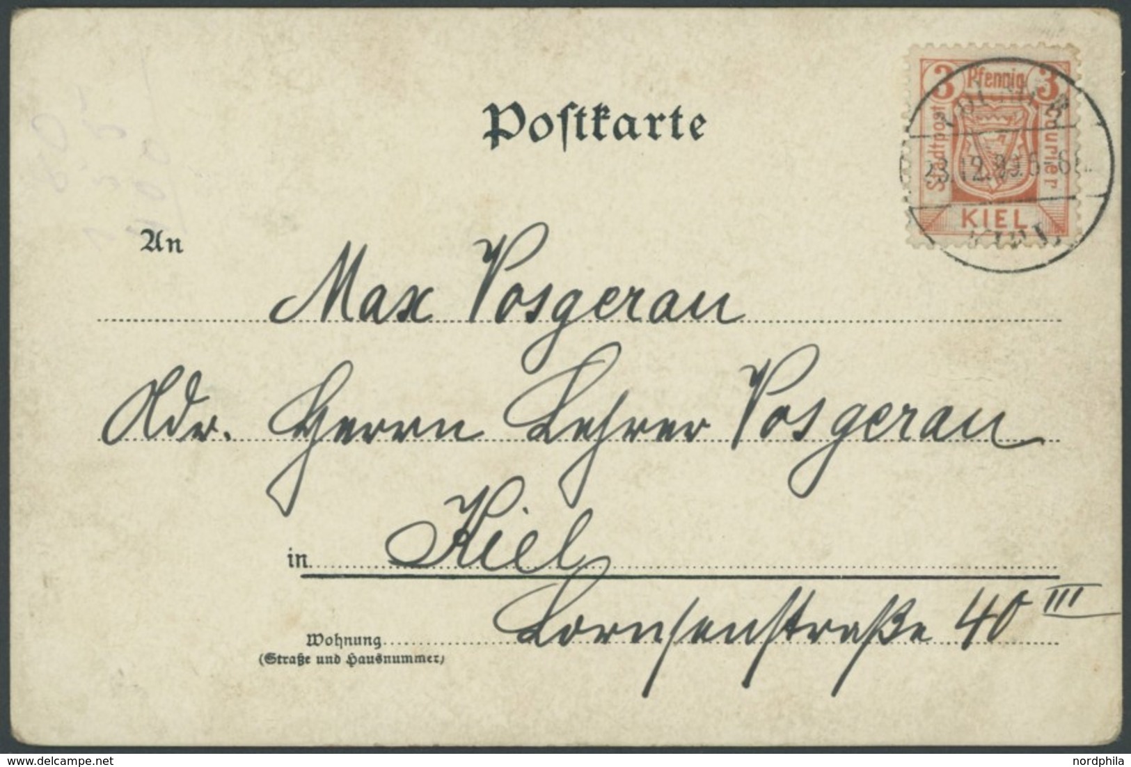 KIEL A 12 BRIEF, COURIER: 1899, 3 Pf. Stadtwappen, Weit Schraffierter Grund, Auf Weihnachtskarte, Pracht - Private & Lokale Post