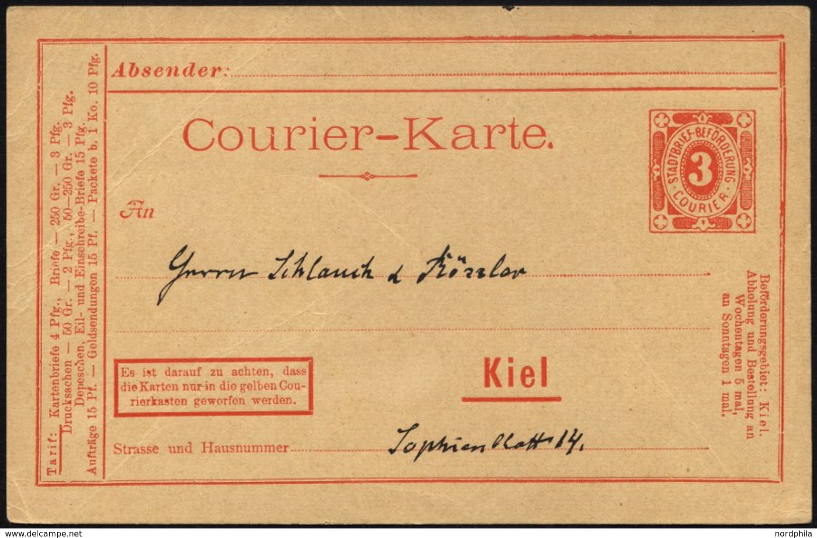 KIEL A P 8 BRIEF, COURIER: 1897, 3 Pf. Rot, Mit Rahmen, Ungebraucht, Beschriftet, Karte Feinst - Private & Lokale Post