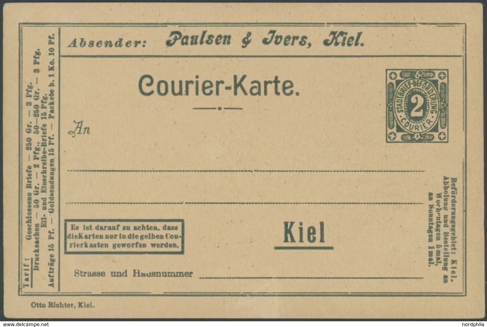 KIEL A P 12Z BRIEF, COURIER: 1898, 2 Pf. Grün Mit Rückseitigem Zudruck Kohlen-Offerte, Ungebraucht, Prachtkarte - Privatpost