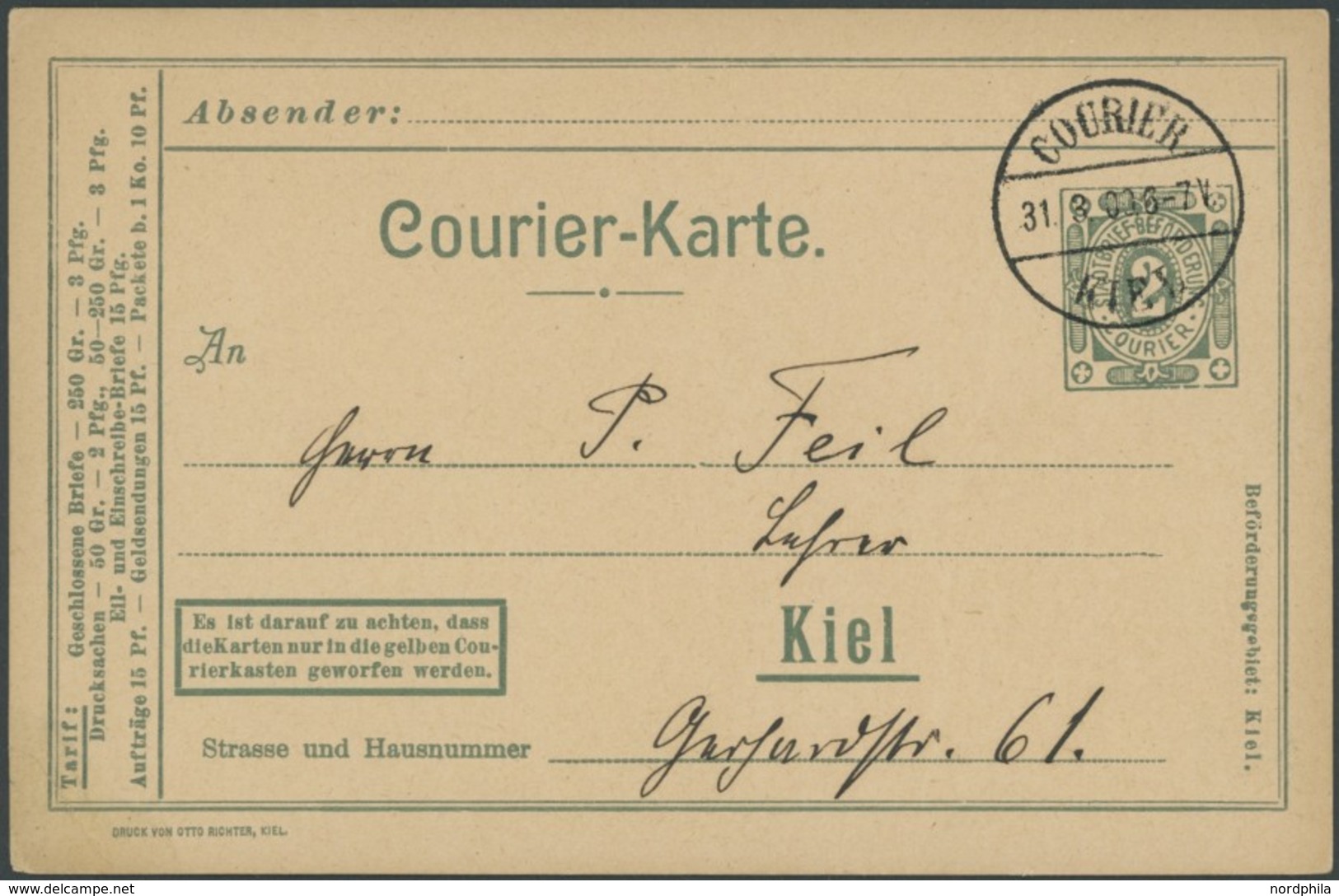 KIEL A P 14Z BRIEF, COURIER: 1900, 2 Pf. Grün Mit Rückseitigem Zudruck Zweite Kieler Volksbibliothek, Stempel 31.3.00, B - Privatpost