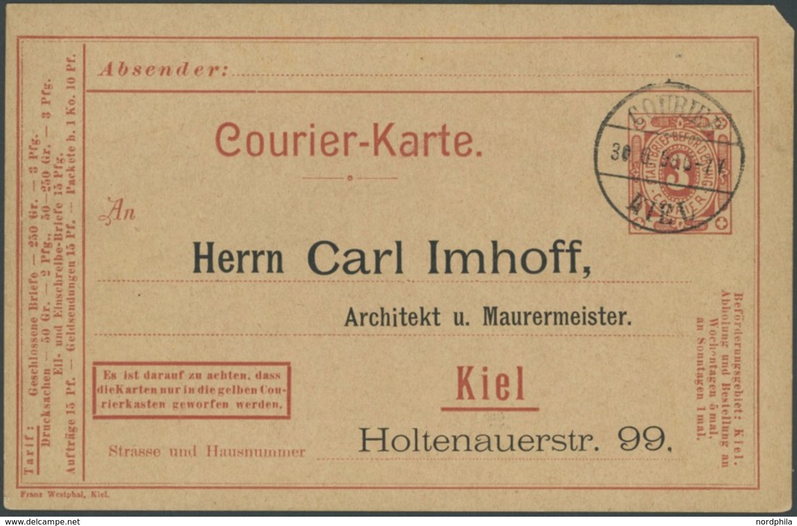 KIEL A P 16Z BRIEF, COURIER: 1898, 3 Pf. Rot Mit Zudruck Carl Imhoff, Stempel 30.6.98, Prachtkarte - Private & Local Mails